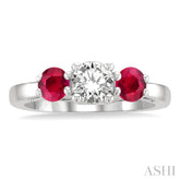 4.30 MM Round Cut Ruby and 5/8 ctw Past, Present and Future Round Cut Diamond Precious Ring in 14K White Gold